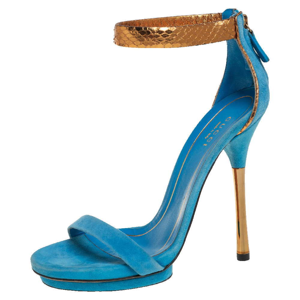 Gucci Blue/Gold Suede And Python Leather Kelis Ankle Strap Platform Sandals Size 36