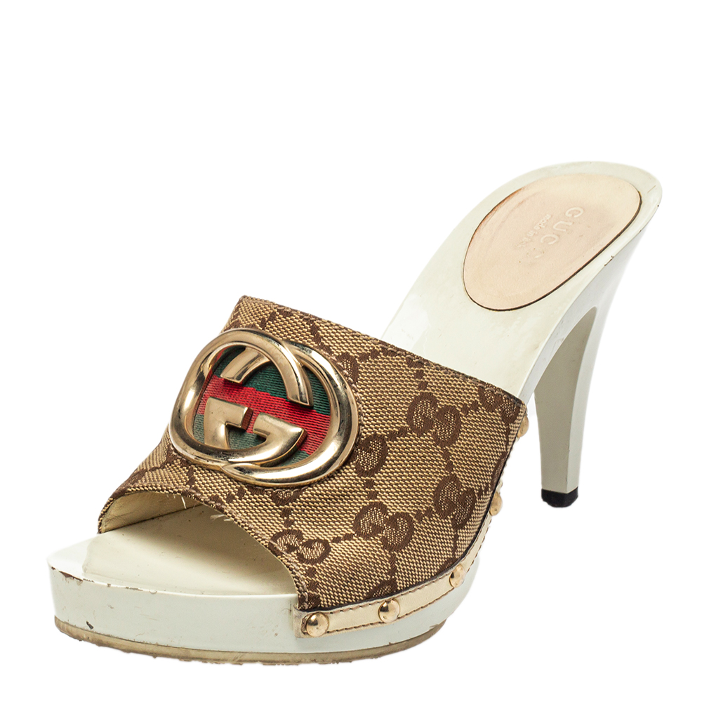 Gucci Beige GG Canvas Clog Sandals Size 36