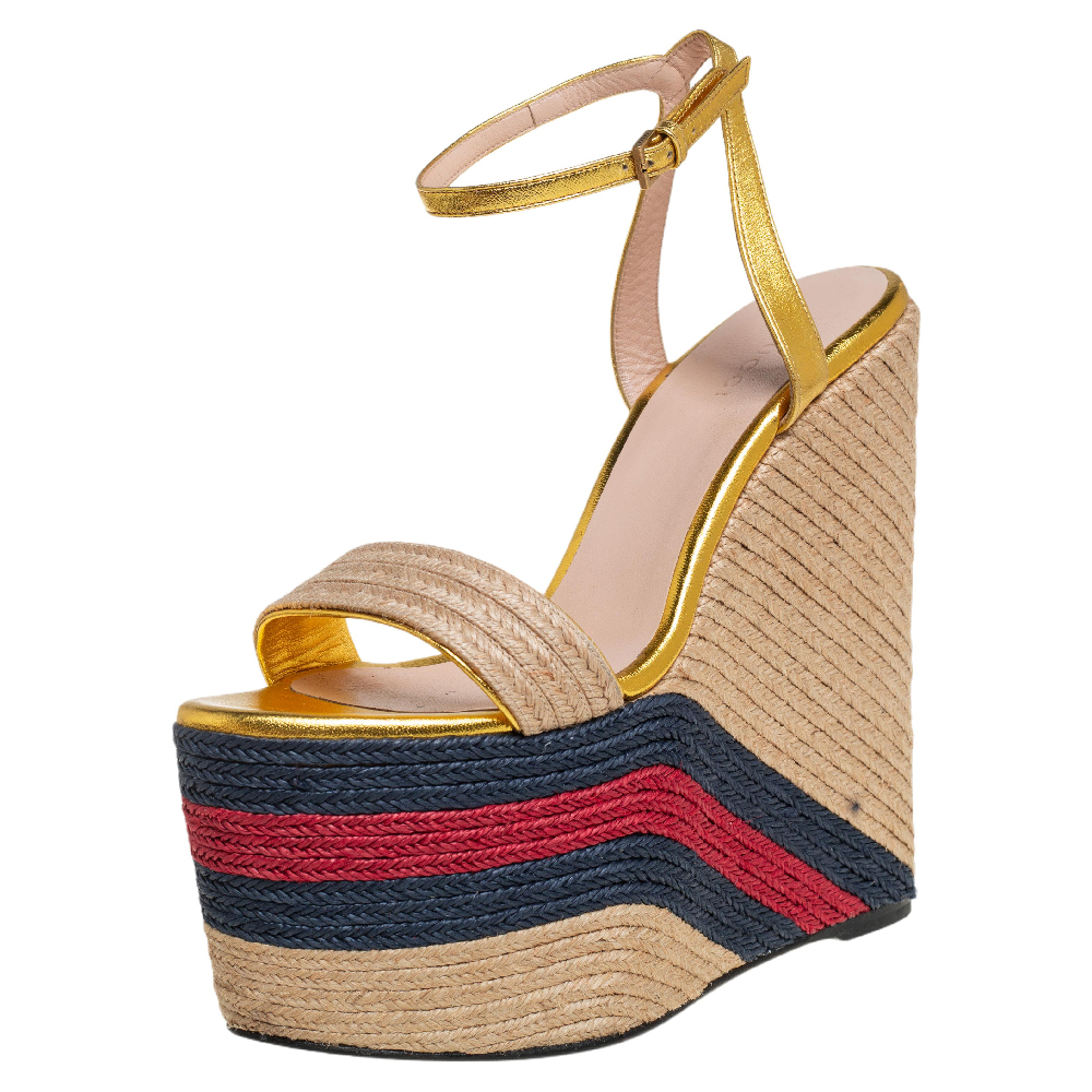 Gucci Metallic Gold Leather And Jute Web Platform Ankle Strap Espadrille Wedge Sandals Size 38