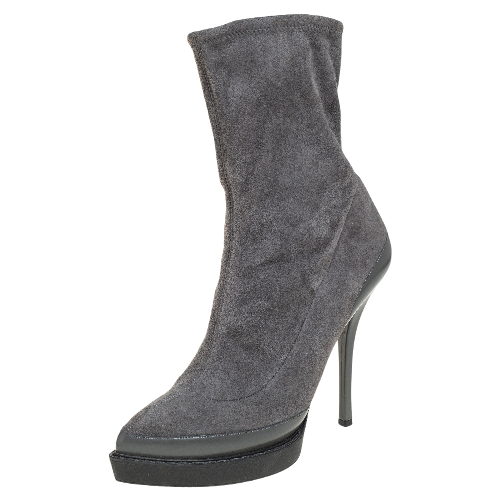 Gucci Grey Suede And Leather Pointed Toe Platform Ankle Boots Size 37