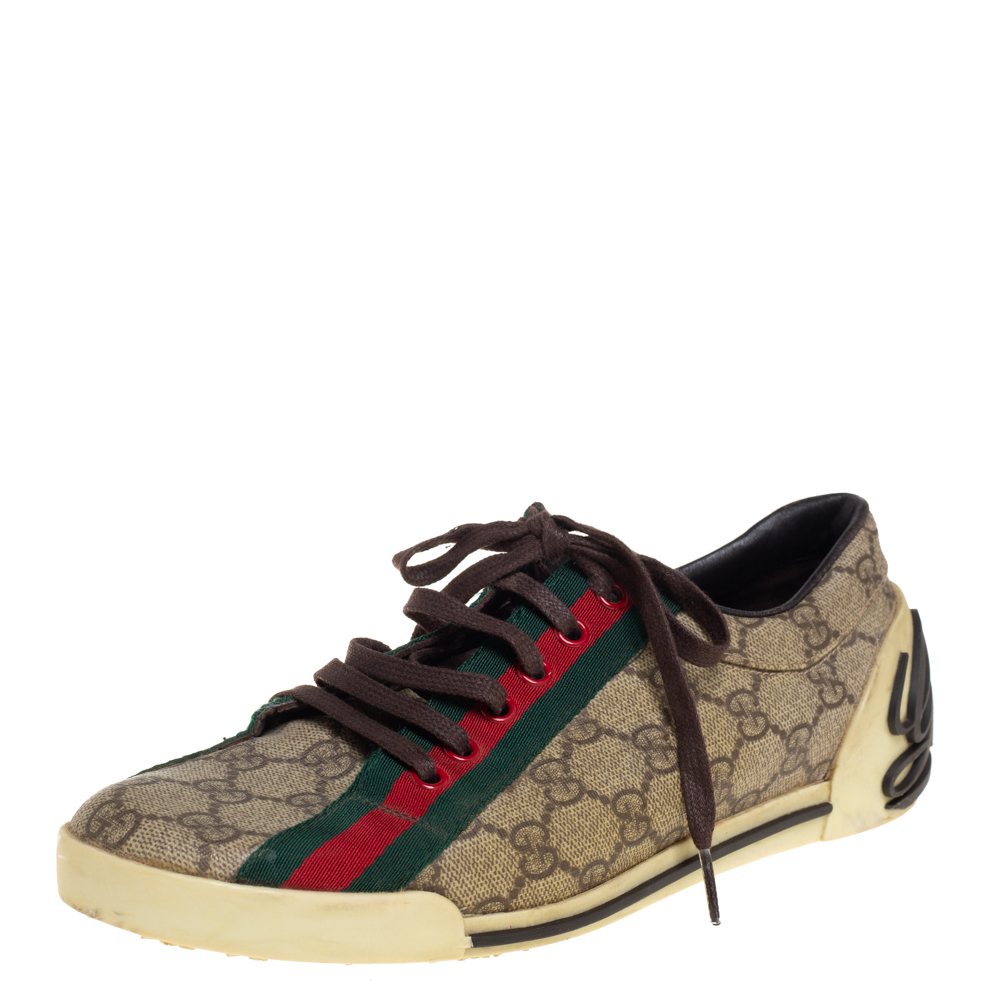 Gucci Brown/Beige GG Canvas Boulevard Script Logo Lace Up Sneakers Size 39