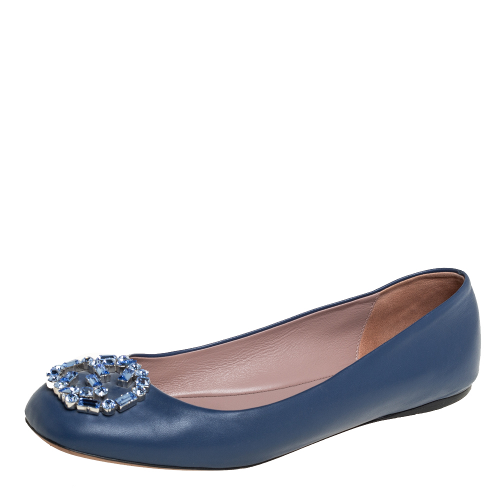 Gucci Blue Leather Crystal Embellishment Ballet Flats Size 38