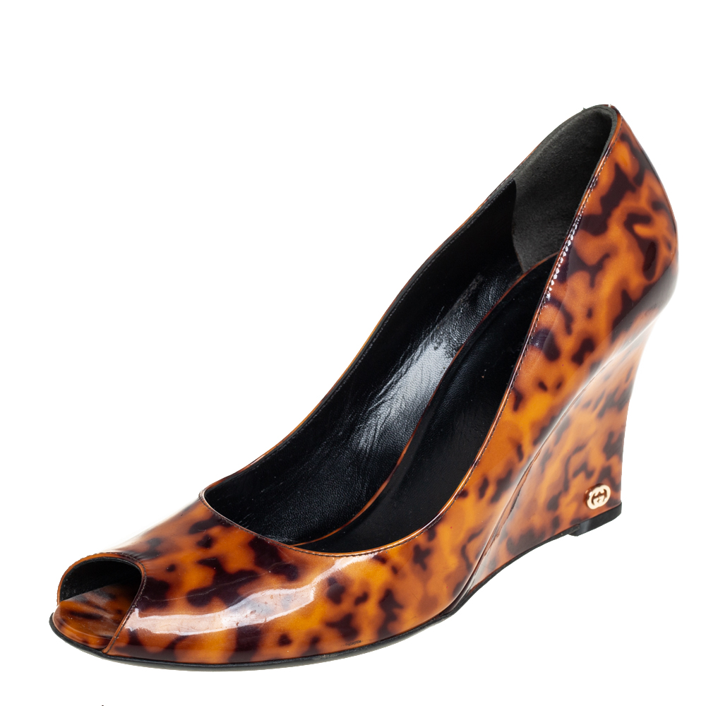Gucci Brown Leopard Print Patent Leather Wedge Pumps Size 40