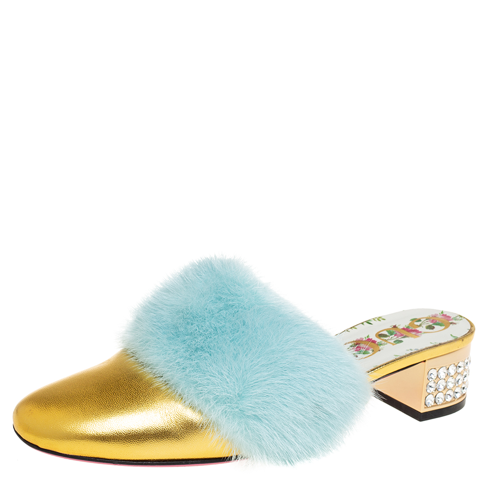 Gucci Gold Fur And Leather Candy Mink Mules Size 36