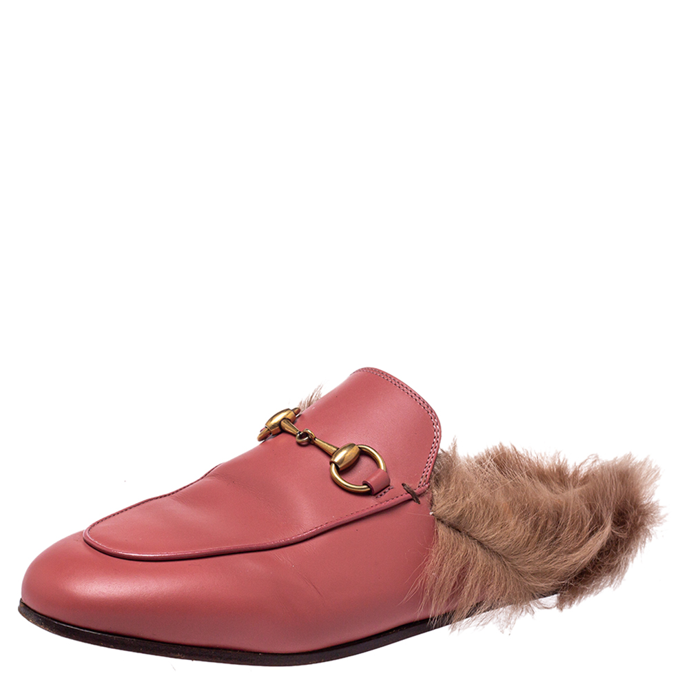 Gucci Pink Leather And Fur Princetown Sandals Size 36.5
