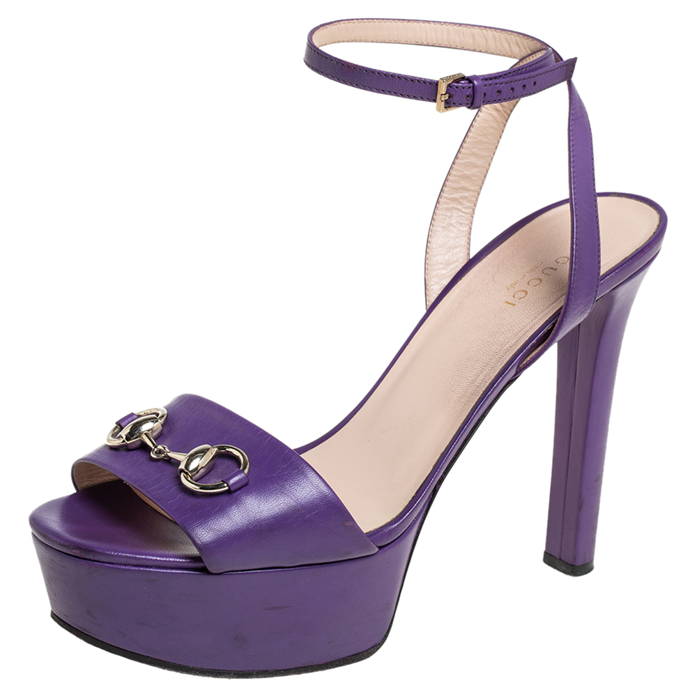 Gucci Purple Leather Horsebit Ankle Strap Platform Sandals Size 40