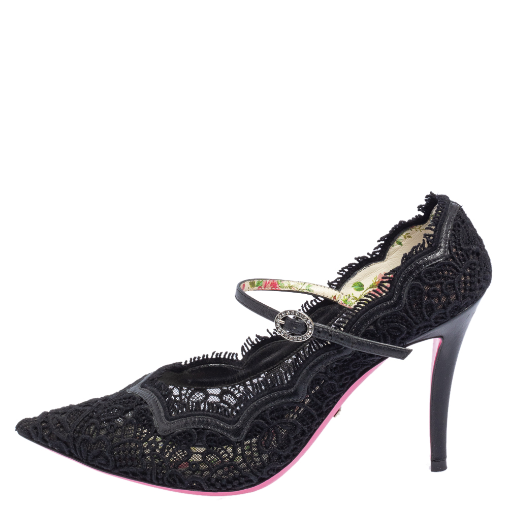 

Gucci Black Lace And Leather Virginia Mary Jane Pumps Size