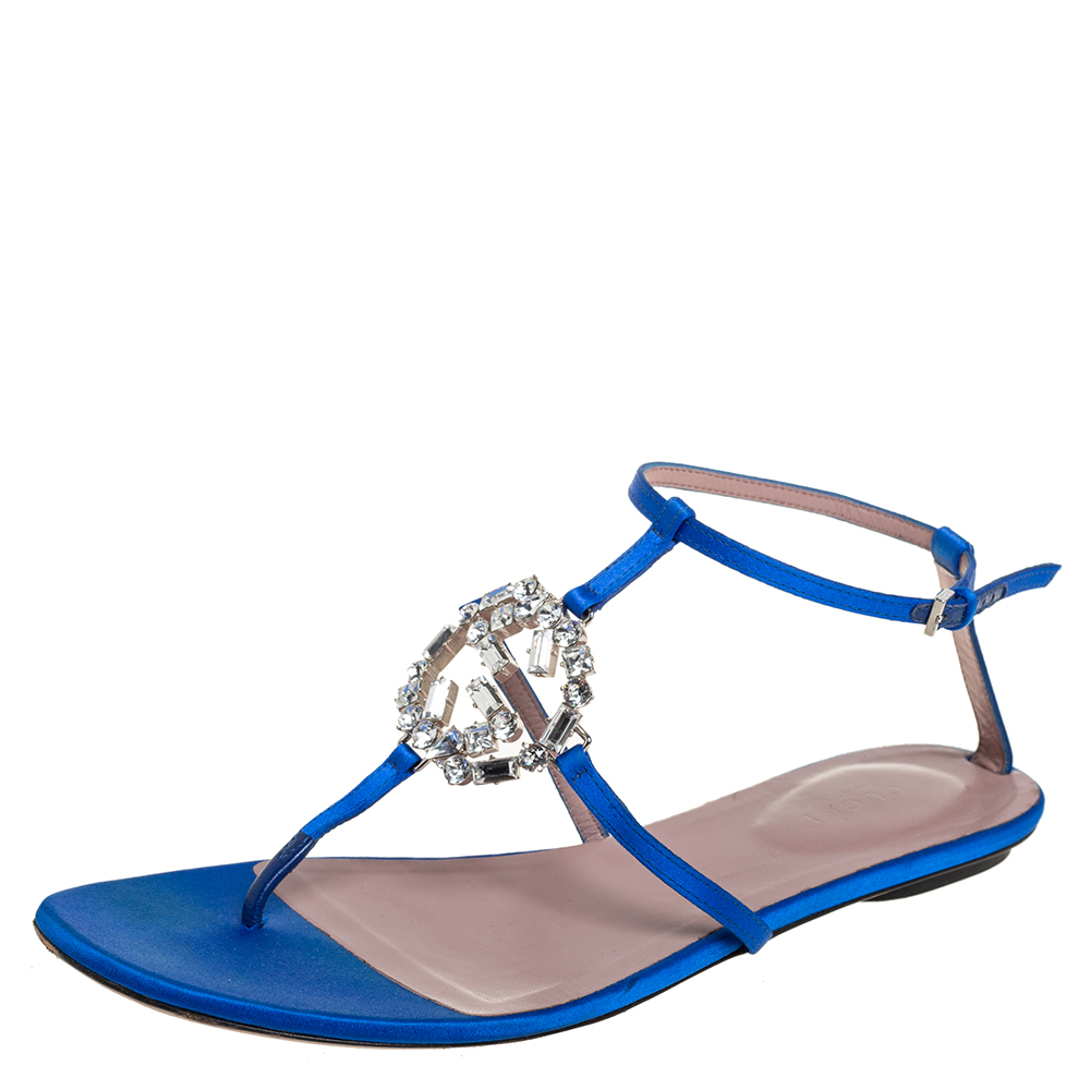 Gucci Blue Satin GG Interlocking Crystal Ankle Strap Sandals Size 38.5