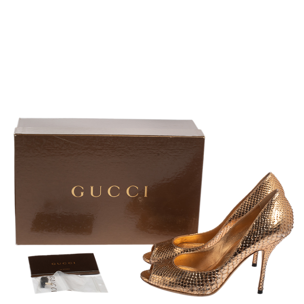 Gucci Gold Python Leather Peep Toe Pumps Size 37