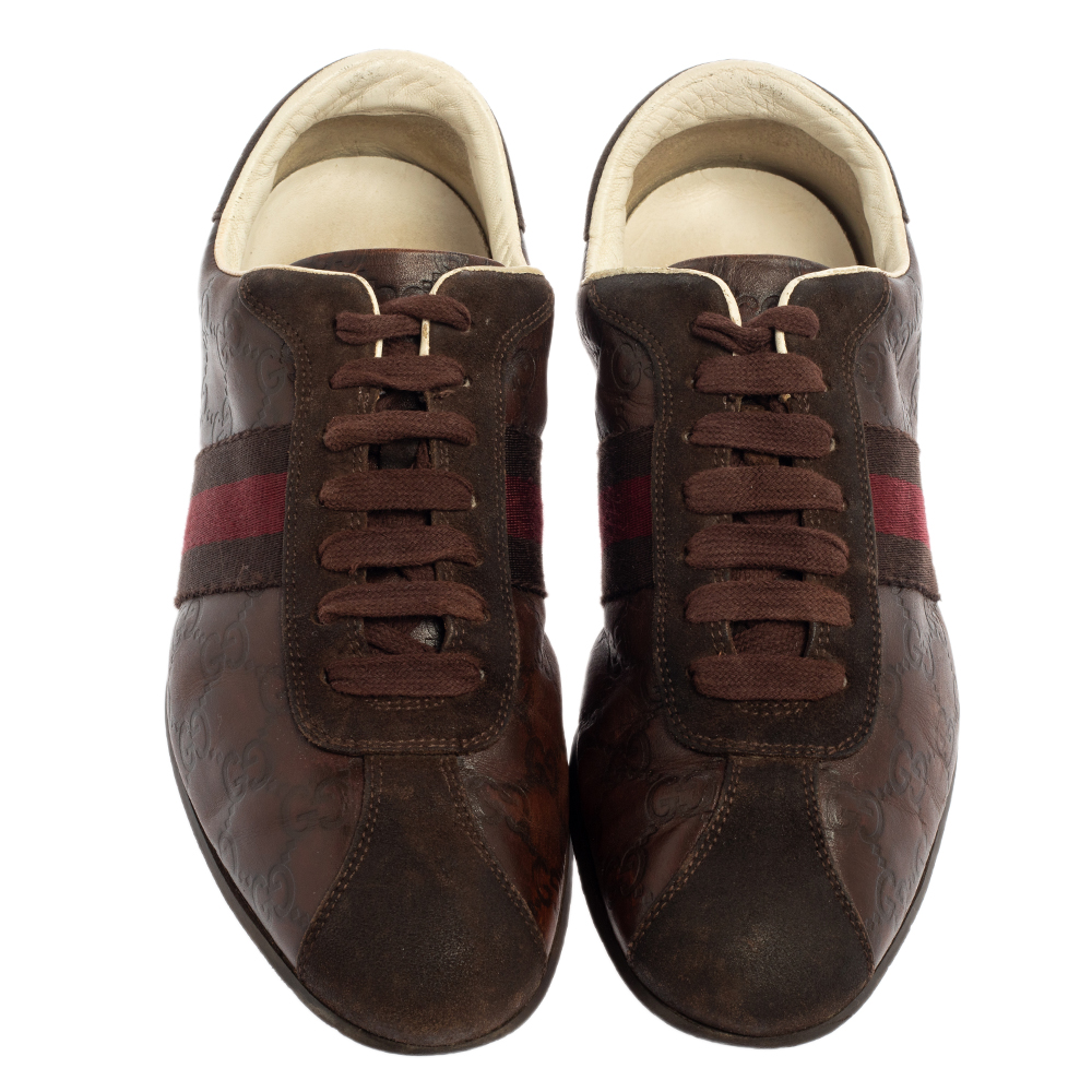 Gucci Brown Guccissima Leather And Suede Lace Up Sneakers Size 40