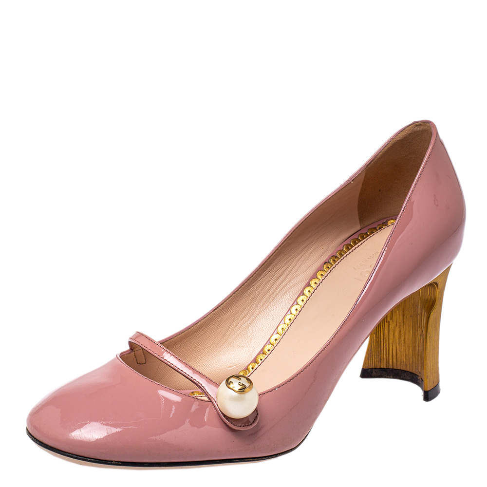 Gucci Pink Patent Leather Pearl Detail Mary Jane Pumps Size 38
