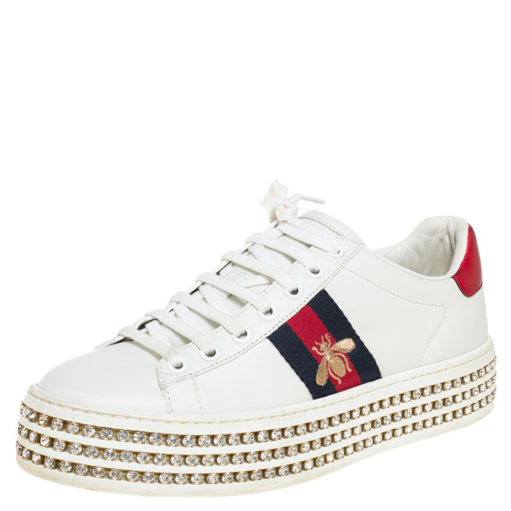 Gucci White Leather And Canvas New Ace Crystal Embellished Platform Sneakers Size 37