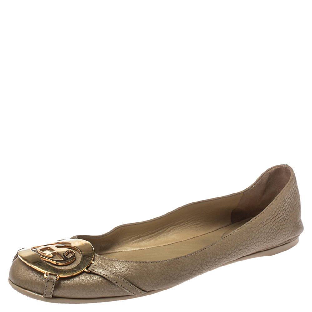 Gucci Metallic Gold Leather GG Buckle Ballet Flats Size 37.5
