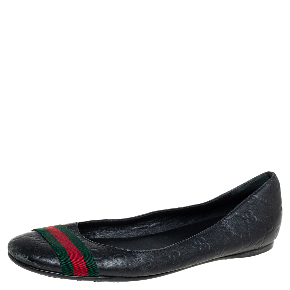 Gucci Black Guccissima Leather Web Stripe Ballet Flats Size 40.5