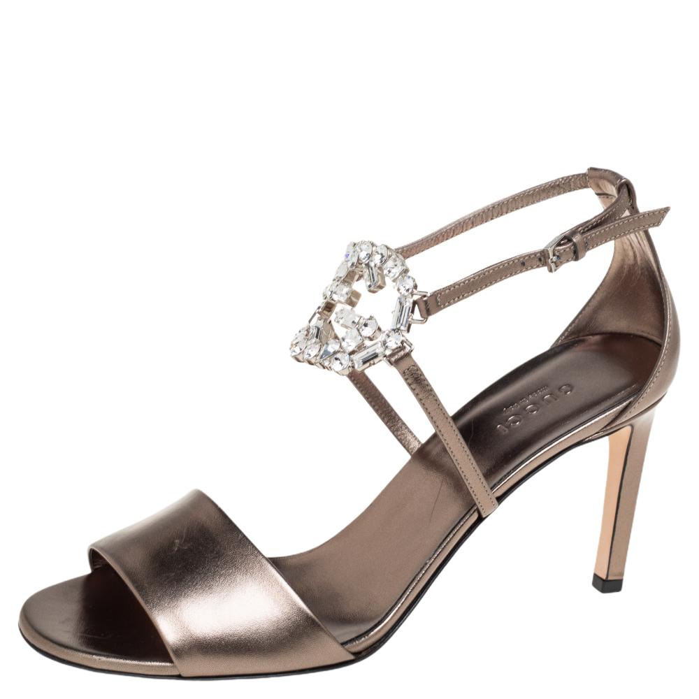 Gucci Metallic Bronze Leather Crystal Embellished GG Interlocking Ankle Strap Sandals Size 38