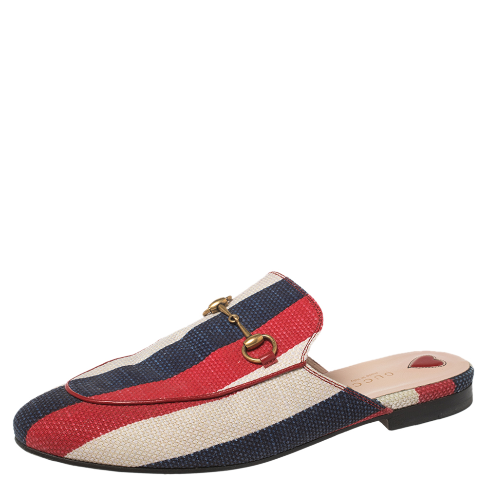 Gucci Multicolor Stripe Canvas Princetown Horsebit Mules Sandals Size 39.5