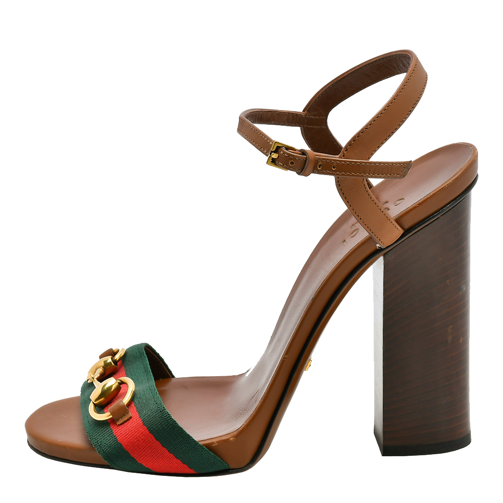 Gucci Brown Leather Horsebit Web Ankle Strap Sandals Size EU 37.5