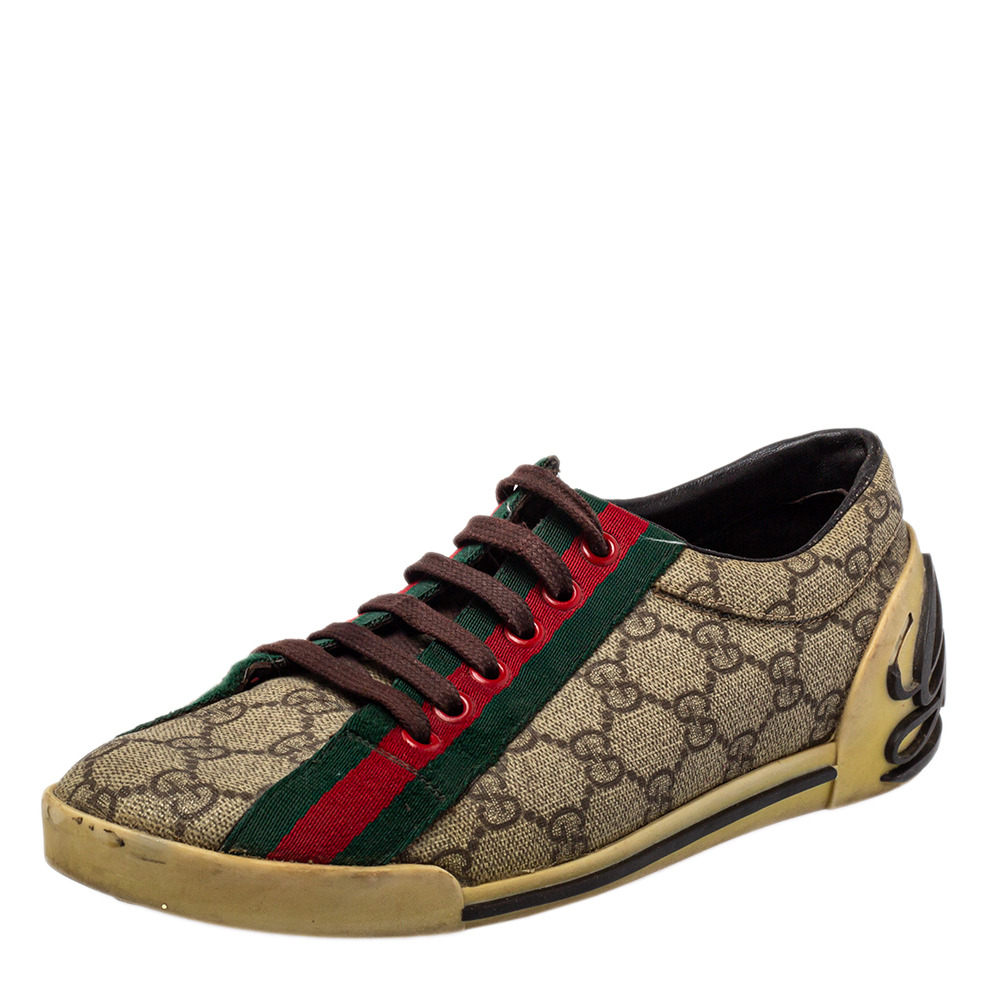 Gucci Beige GG Coated Canvas Web Low Top Sneakers Size 37