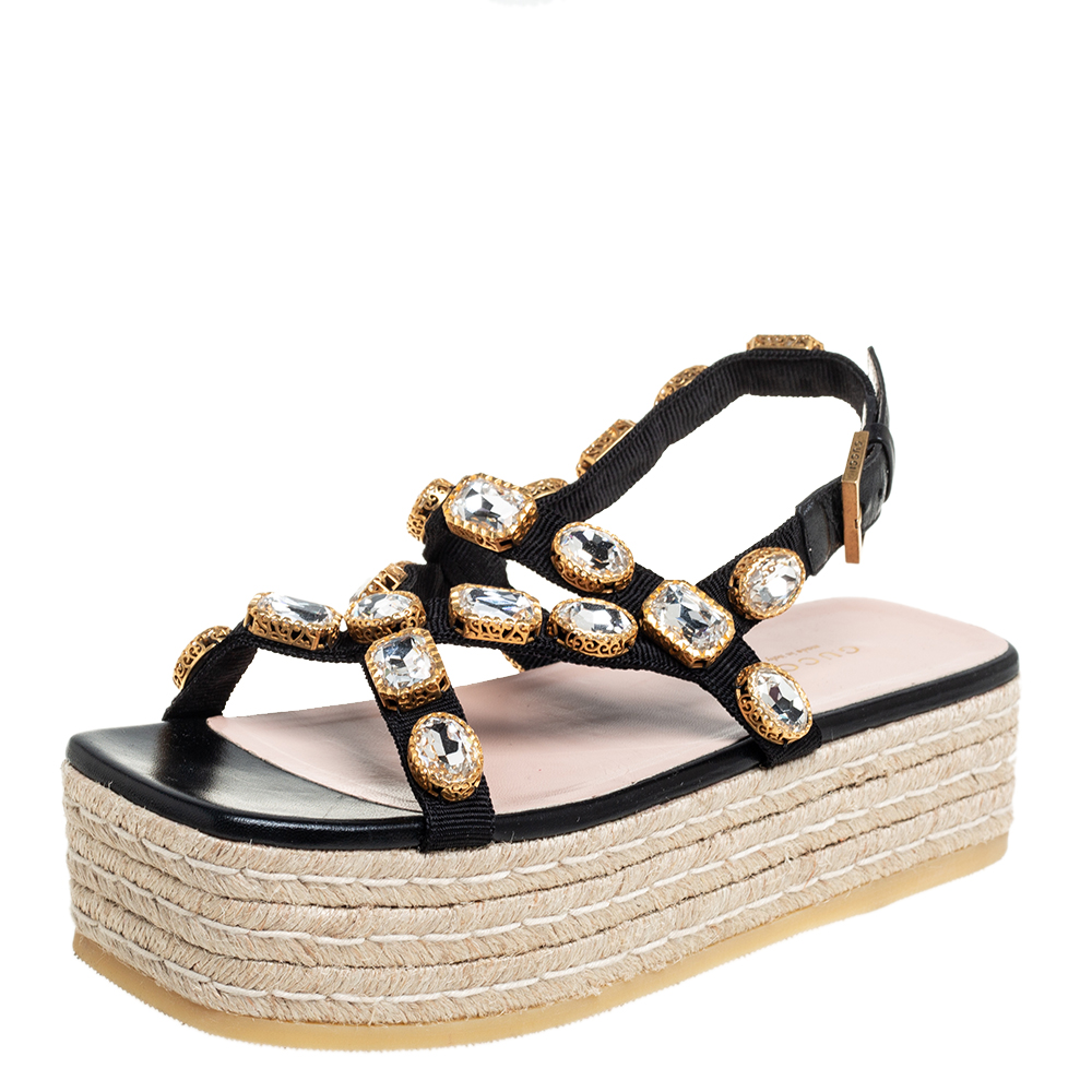 Gucci Black Nylon And Leather Pepita Embellished Platform Espadrille Sandals Size 37.5