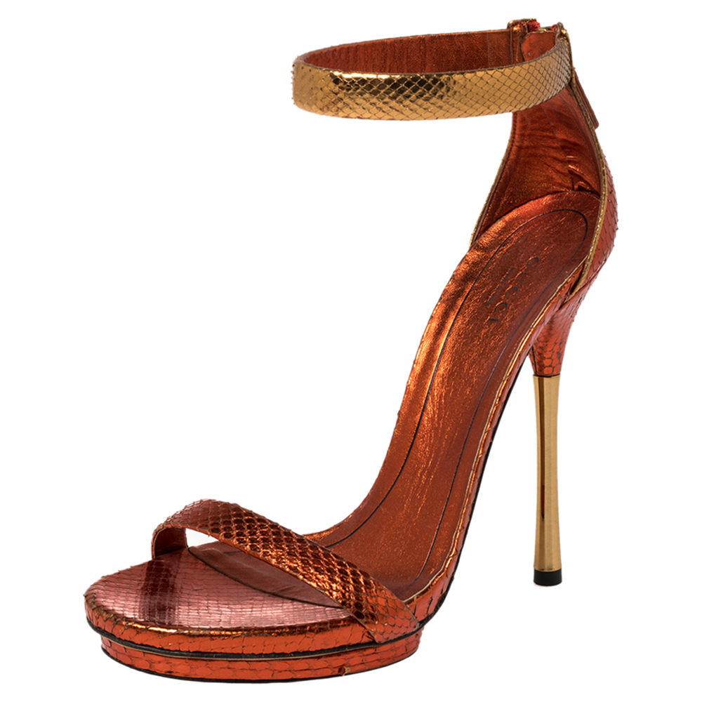 Gucci Metallic Snakeskin Ankle Strap Sandals Size 38