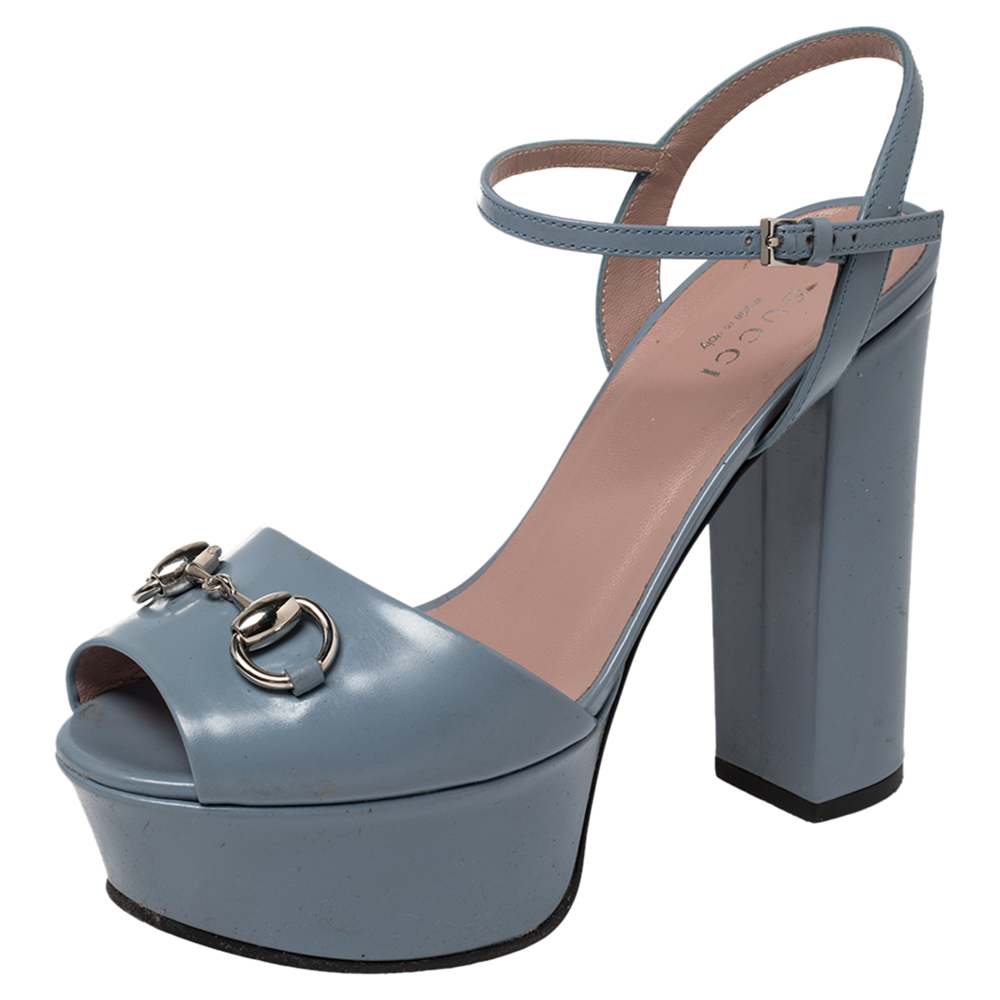 Gucci Blue Leather Horsebit Ankle Strap Platform Sandals Size 35