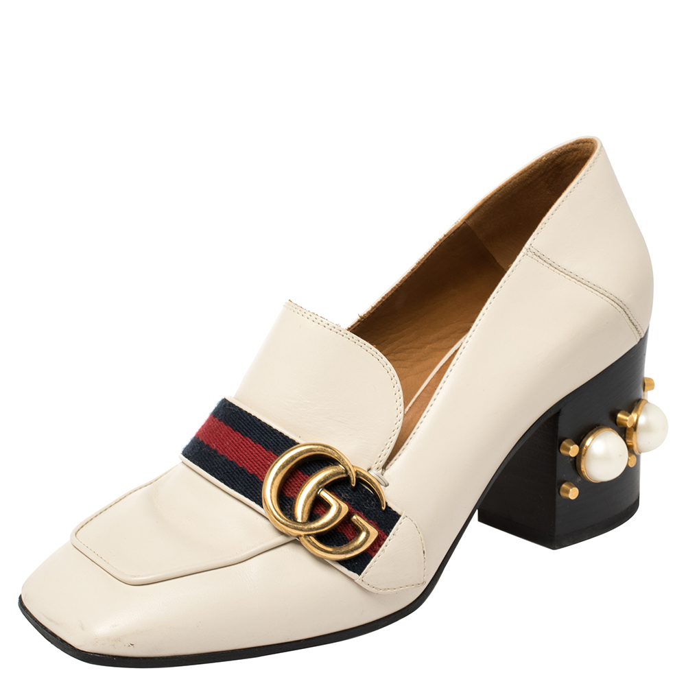 Gucci Cream Leather Peyton GG Marmont Web Pearl Embellished Block Heel Pumps Size 37
