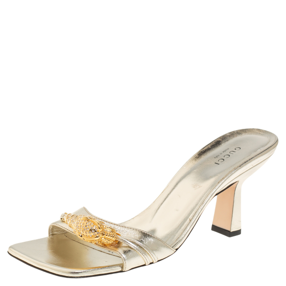 Gucci Gold Leather Embellishment Slide Sandals Size 38