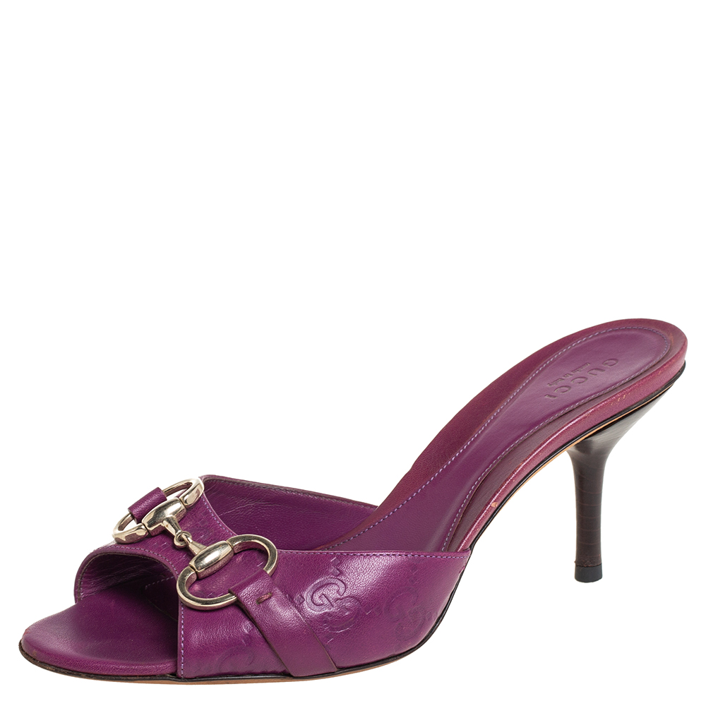 Gucci Purple Leather Hollywood Horsebit Open Toe Slide Sandals Size 36