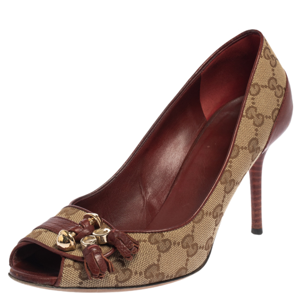 Gucci Beige/Burgundy Leather And GG Canvas 'Marrakesh' Peep Toe Pumps Size 39.5