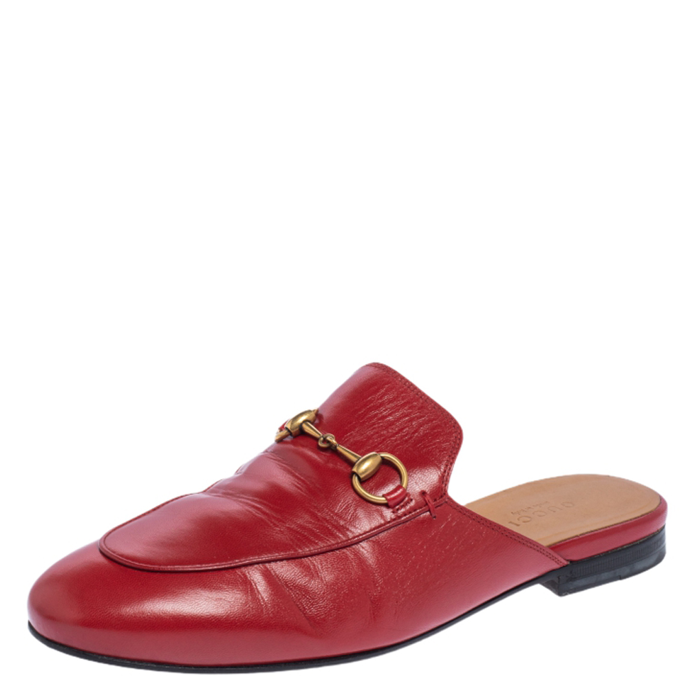 Gucci Red Leather Princetown Horsebit Mules Size 37