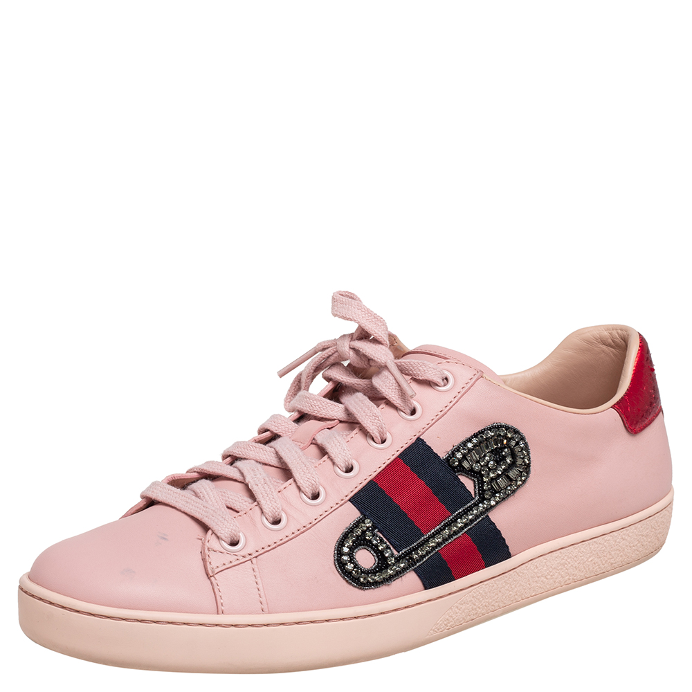 Gucci Pink Leather Crystal Embellished 'Safety Pin' Ace Low Top Sneakers Size 41