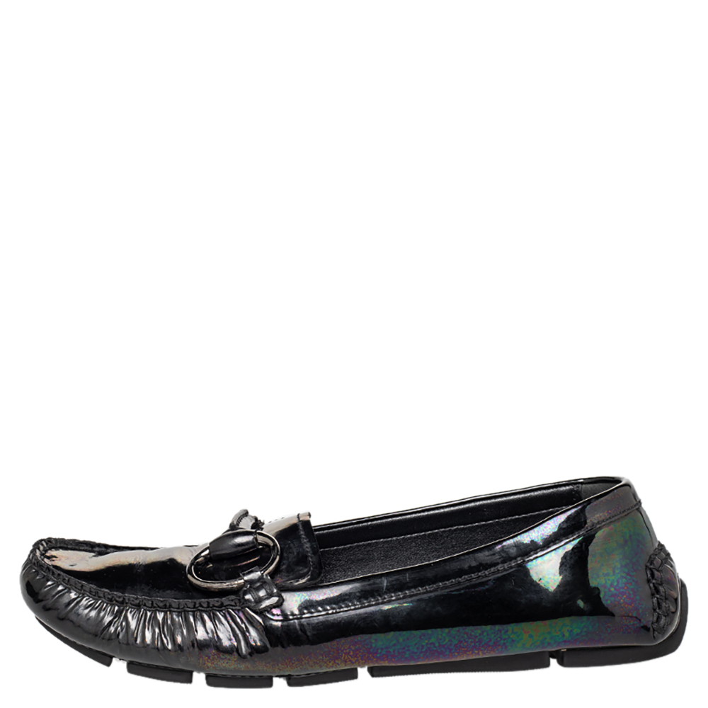 Gucci Multicolor Iridescent Patent Leather Horsebit Slip On Loafers Size 38