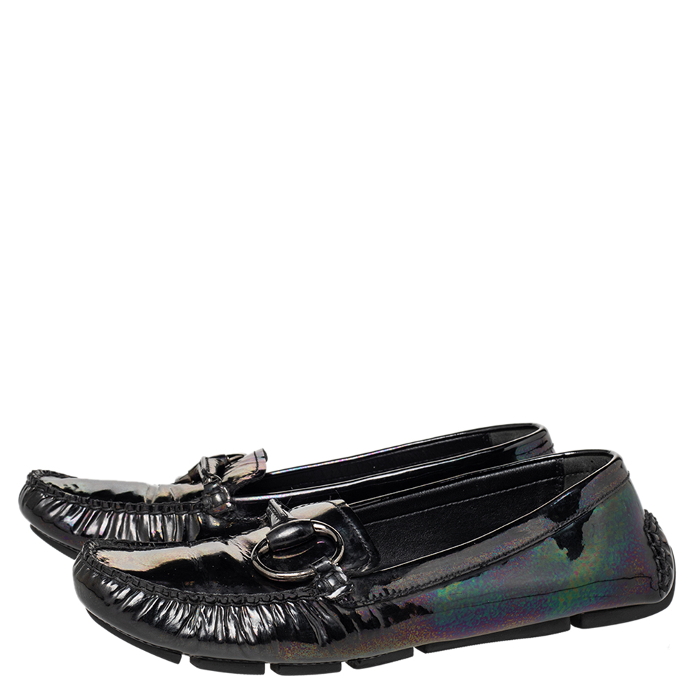 Gucci Multicolor Iridescent Patent Leather Horsebit Slip On Loafers Size 38