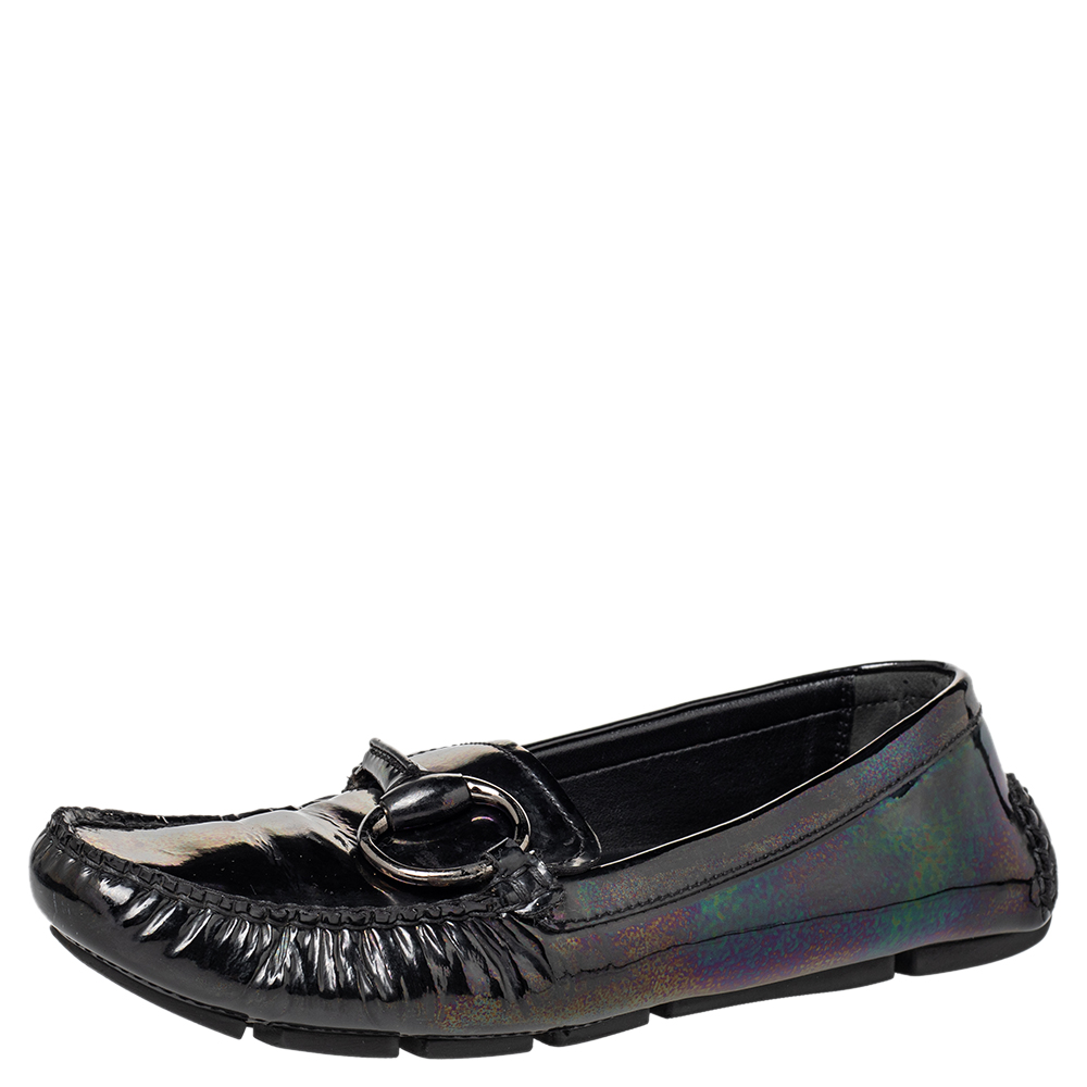 Gucci Multicolor Iridescent Patent Leather Horsebit Slip On Loafers Size 38