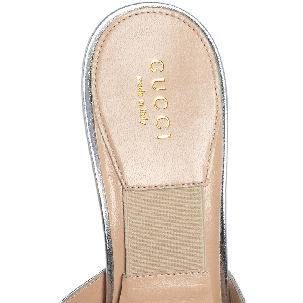 Gucci Silver Leather Fedra Embellished Mules Size 38