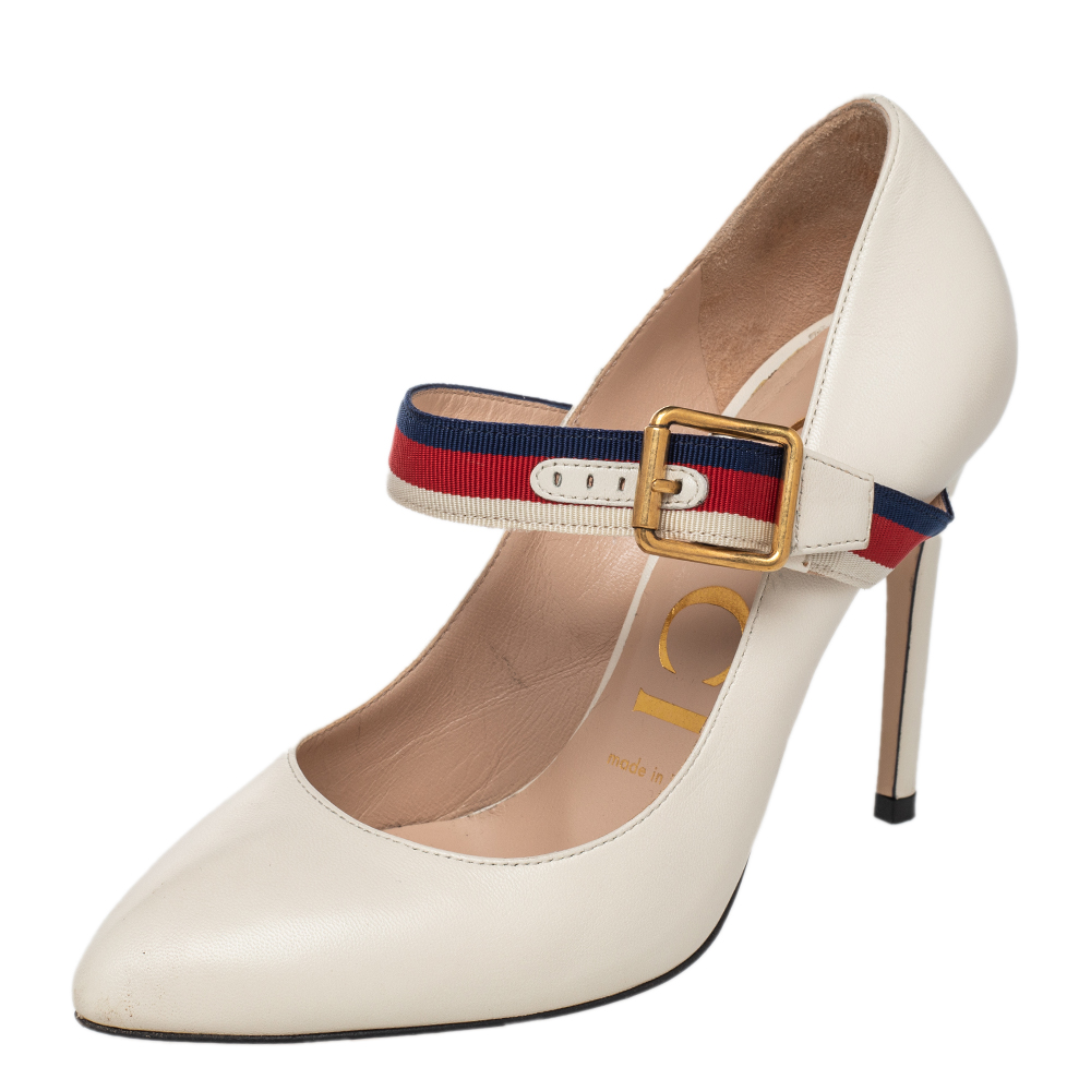 Gucci Cream Leather Sylvie Mary Jane Pumps Size 36