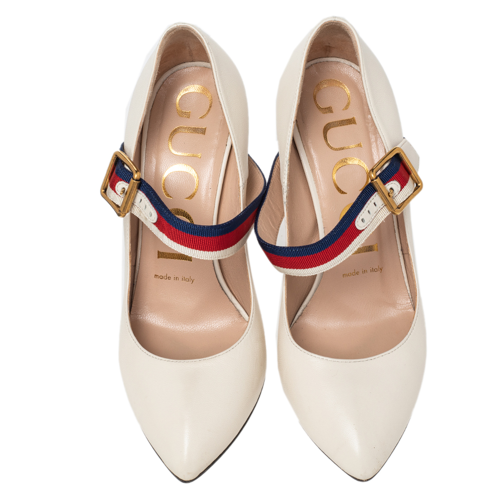 Gucci Cream Leather Sylvie Mary Jane Pumps Size 36