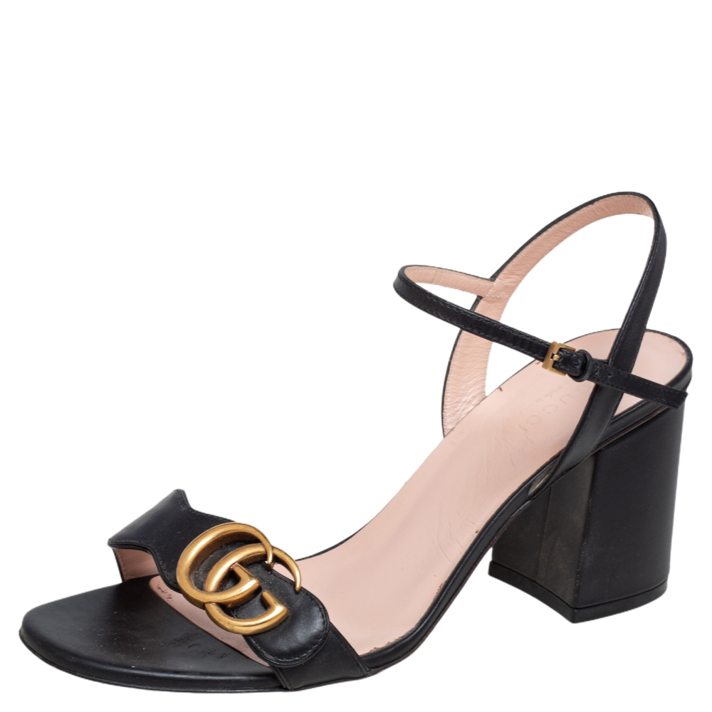 Gucci Black Leather GG Block Heel Ankle Strap Sandals Size 38