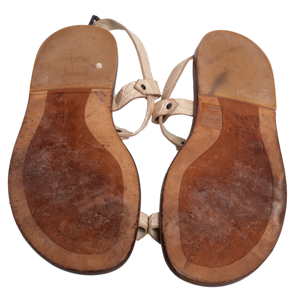 Gucci Light Cream Crocodile Toe Ring Sling Buckle Flat Sandals Size 41