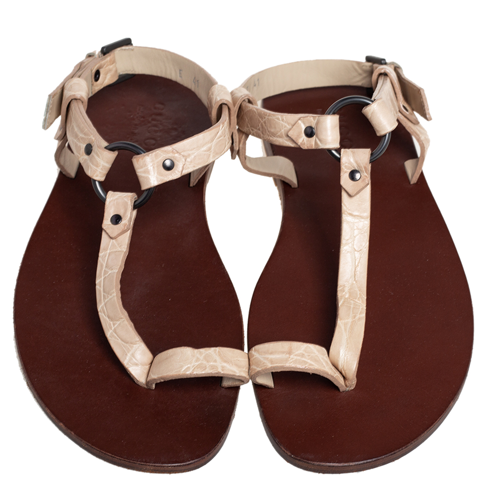 Gucci Light Cream Crocodile Toe Ring Sling Buckle Flat Sandals Size 41