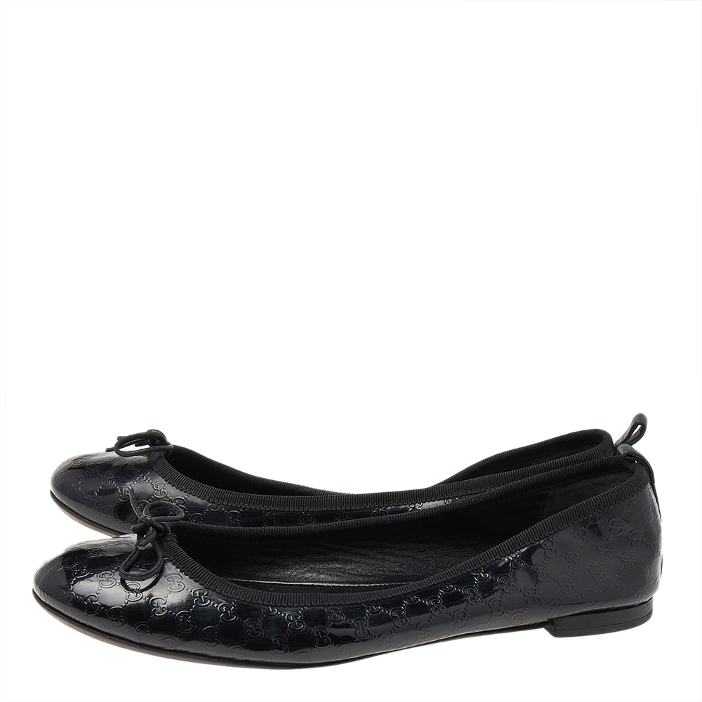 Gucci Black Micro Guccissima Patent Leather Bow Detail Ballet Flats Size 39