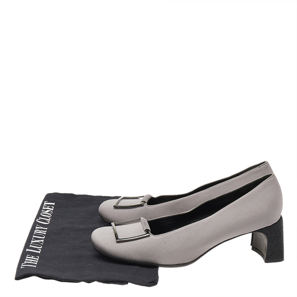 Gucci Grey Fabric Square Toe Metal Trim Block Heel Pumps Size 37.5