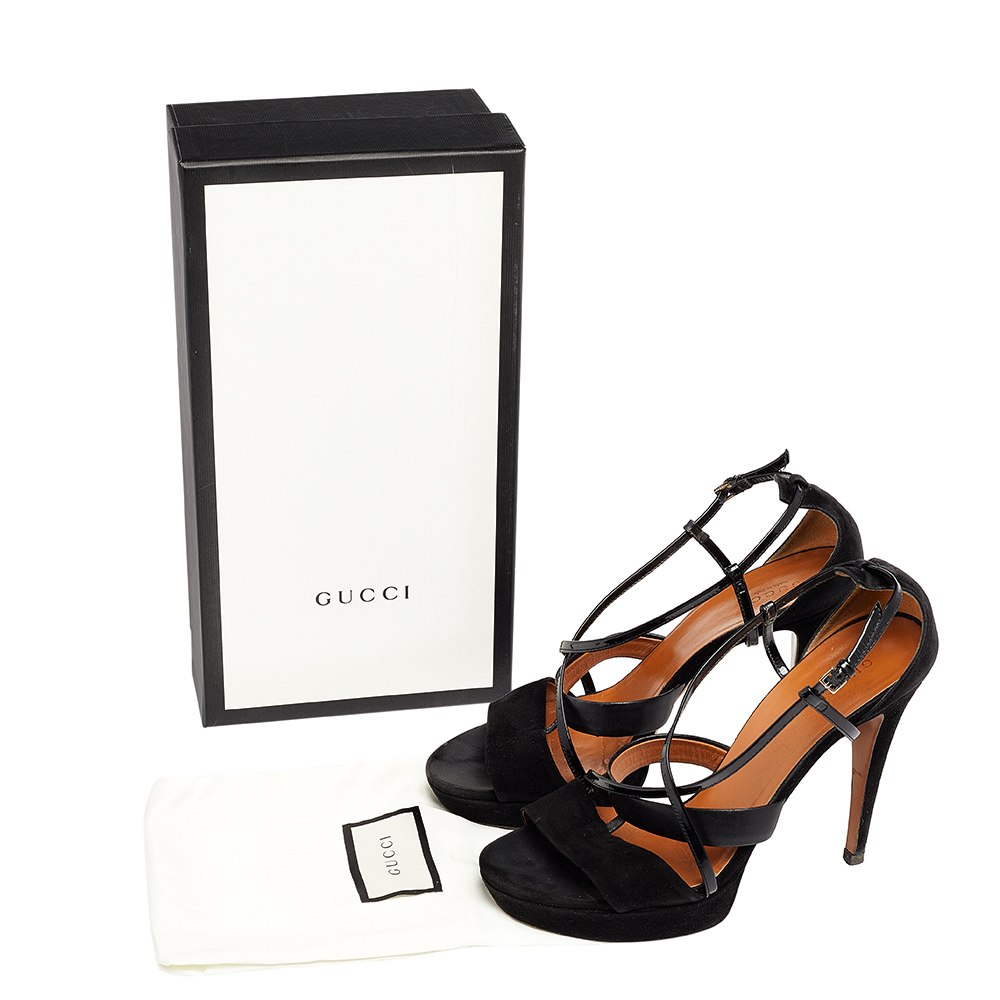 Gucci Black Suede And Patent Leather Platform Ankle Strap Sandals Size 39.5