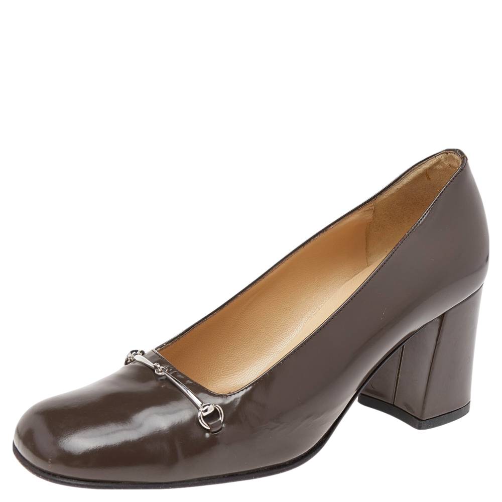 Gucci brown leather horsebit block heel pumps size 37