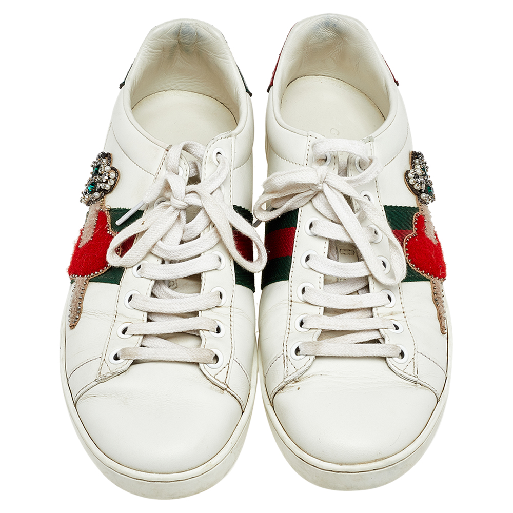 Gucci White Leather Ace Appliqué Embellished Low Top Sneakers Size 38