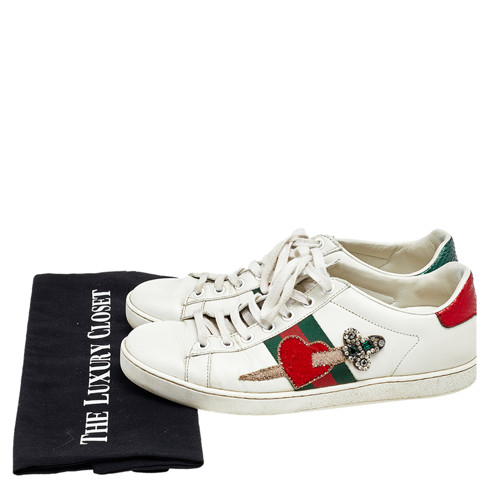 Gucci White Leather Ace Appliqué Embellished Low Top Sneakers Size 38