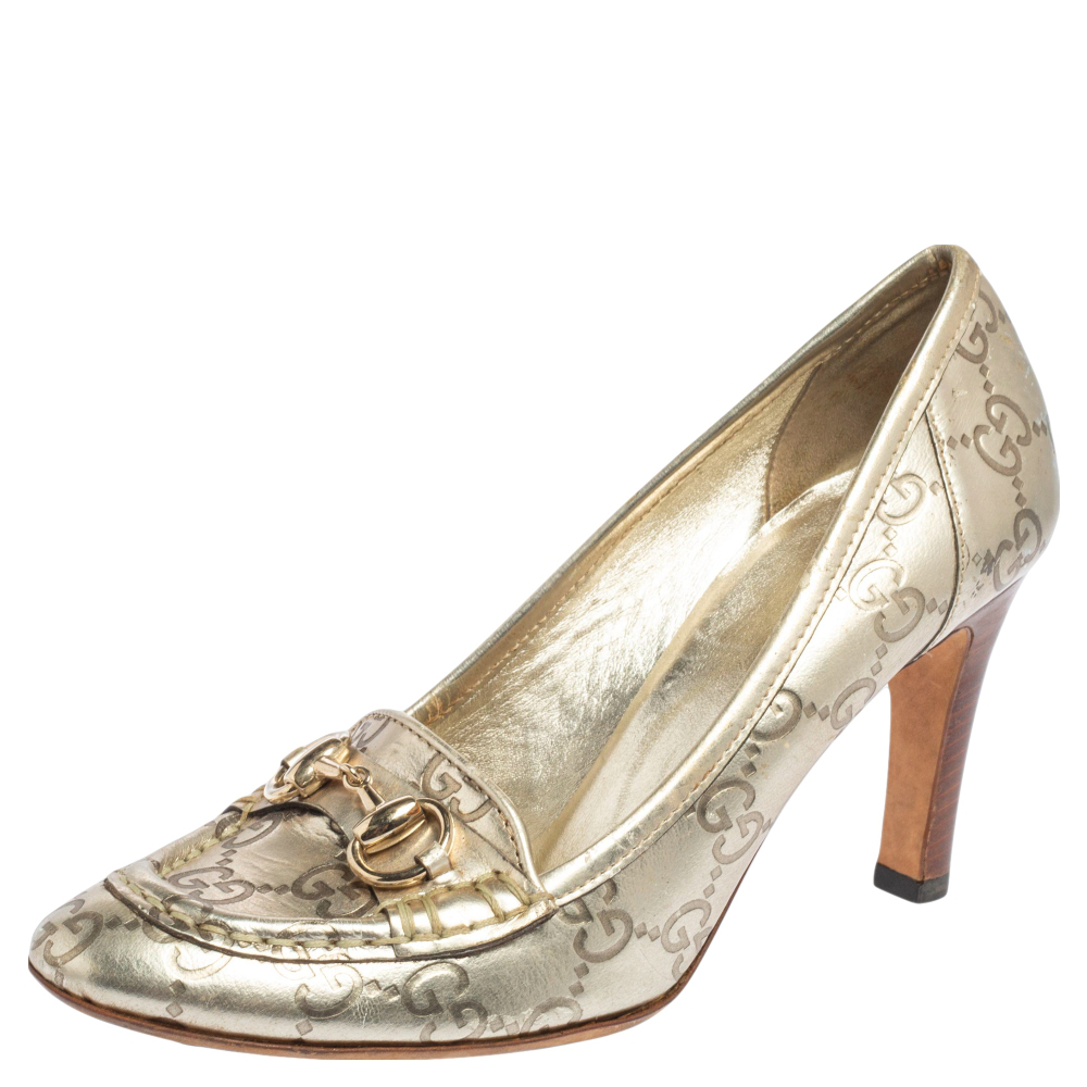 

Gucci Metallic Gold Guccissima Leather Horsebit Loafer Pumps Size