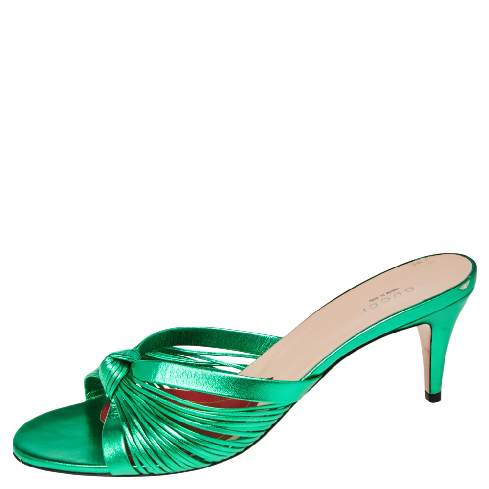 

Gucci Metallic Green Leather Knotted Slide Sandals Size