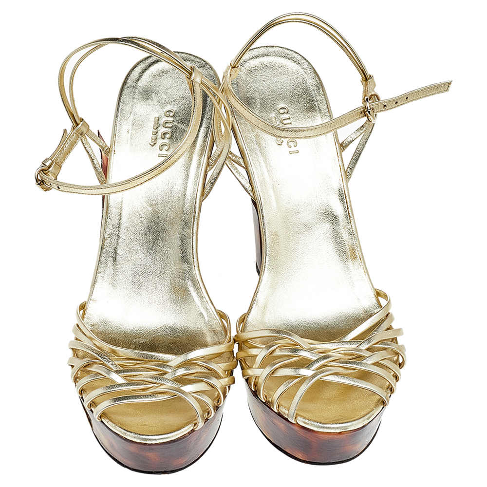 Gucci Metallic Gold Leather Strappy Platform Sandals Size 38