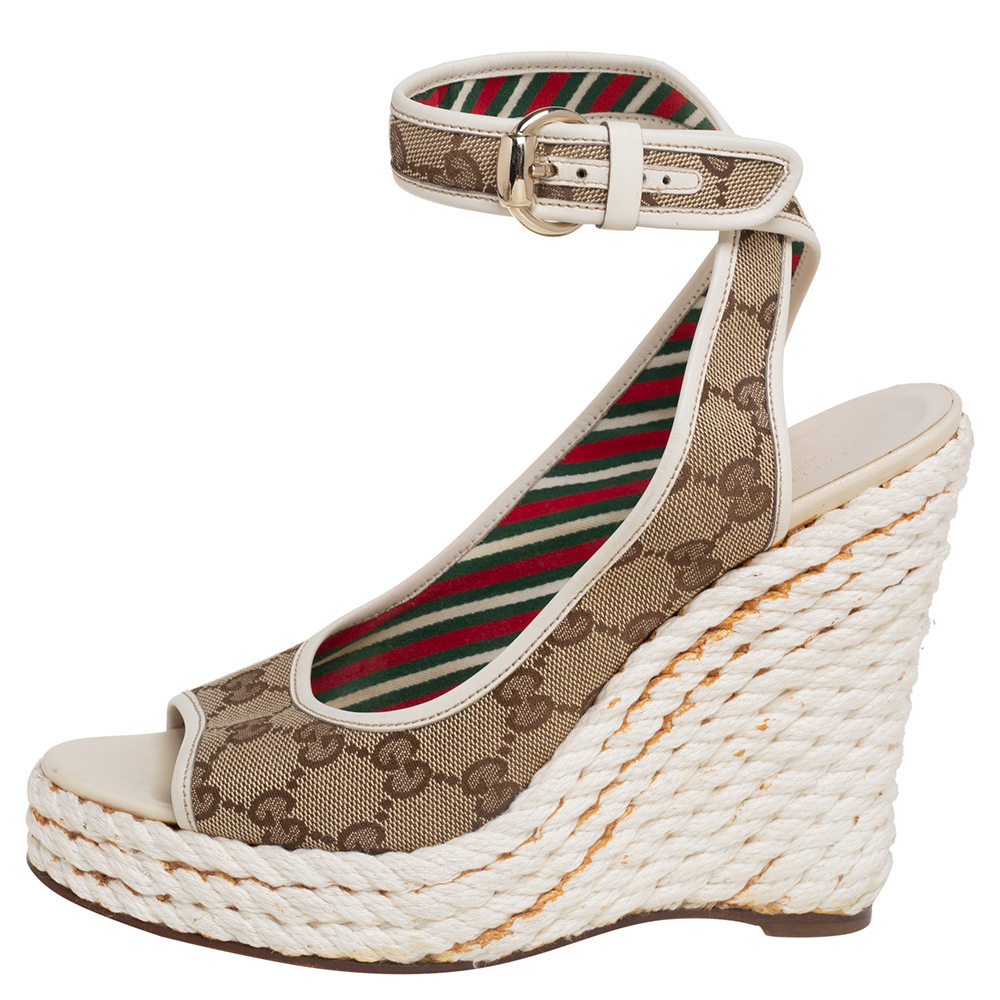 

Gucci Beige/White GG Canvas Ankle Strap Wedge Sandals Size